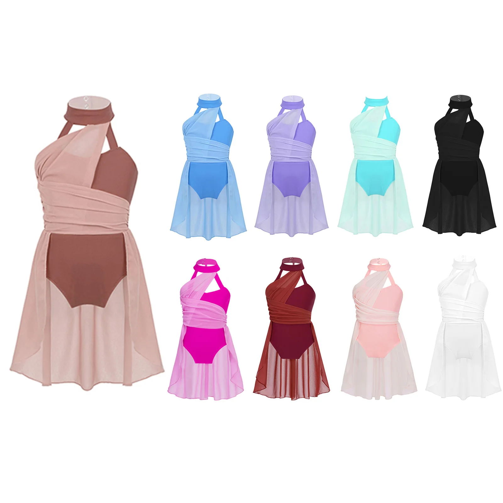 

Kid Girl Sleeveless Lyrical Contemporary Dance Dress Ruched Chiffon Ballet Gymnastic Performance Costume Leotard Dress Dancewear