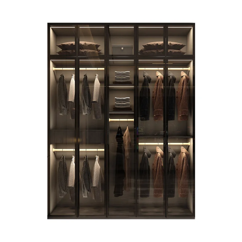 

Modern minimalist wardrobe, home bedroom cloakroom, glass door wardrobe