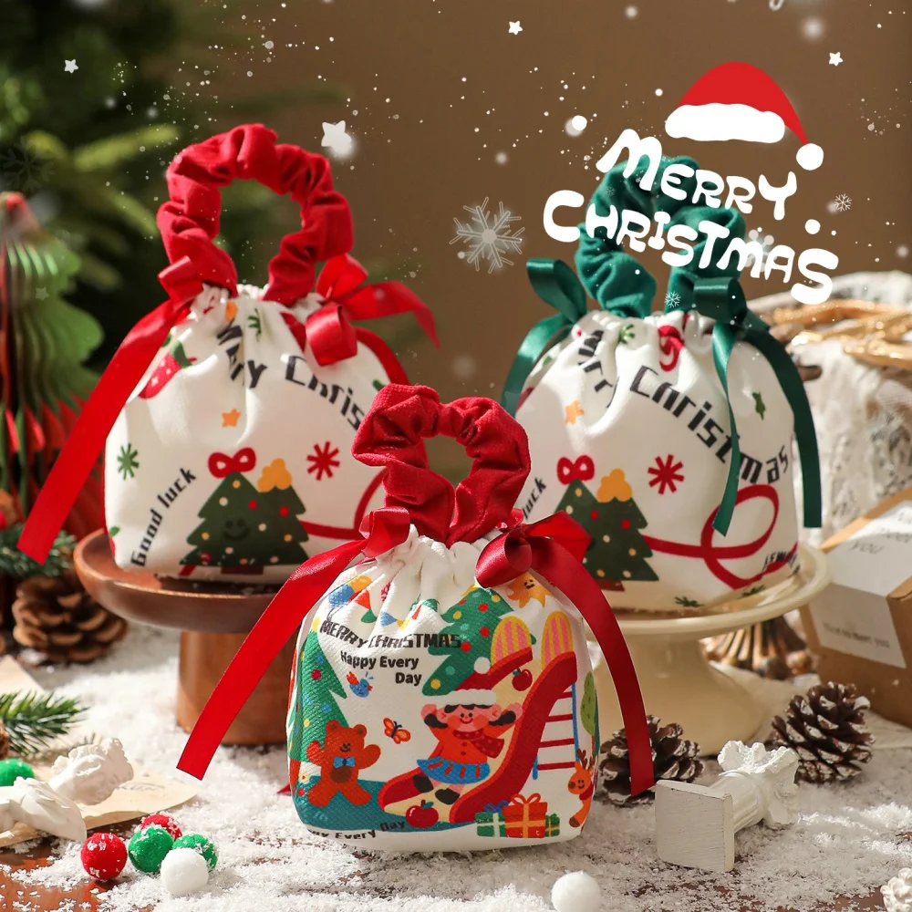 Christmas Gift Bags Cartoon Candy Bag with Bow Biscuits Apple Packaging Box Children's Drawstring Pouch Party Supplies Storage