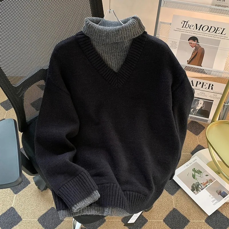 

Мужской свитер-пуловер свободного кроя с высоким воротником, вязаный, в корейском стиле, базовый слой, осенне-зимний, больших размеров, модный