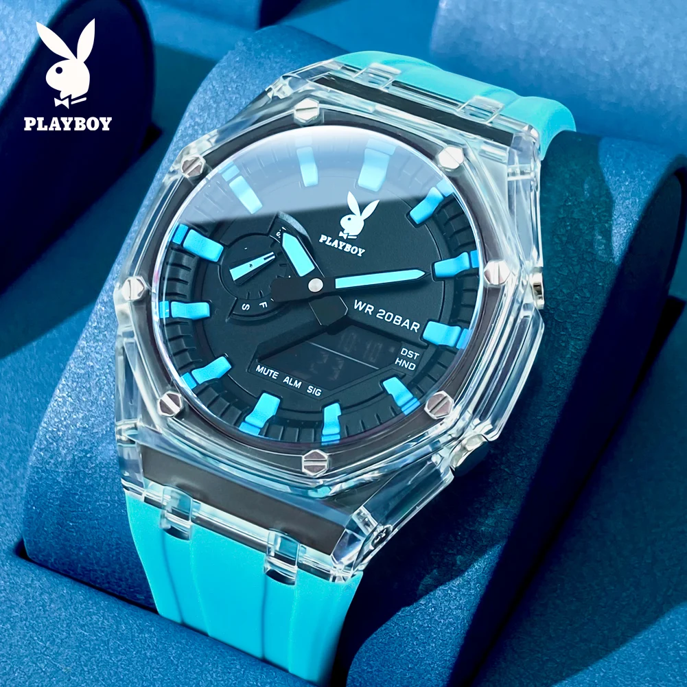 PLAYBOY 2066 Brand Original Electronic Fashionable Men Watch Rubber Strap Luminous Display Watch Timing Function Waterproof