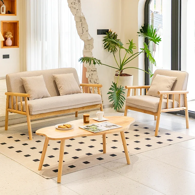 Japanese-style simple modern Nordic solid wood sofa small apartment double triple living room log wind household fabric sand