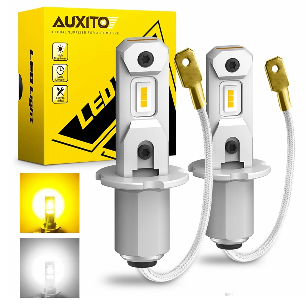 AUXITO 2Pcs H3 LED Bulb Fog Light Yellow 12V Canbus Error Free H3 LED Fog Lamp Driving Running Lights DRL Fanless Plug and Play