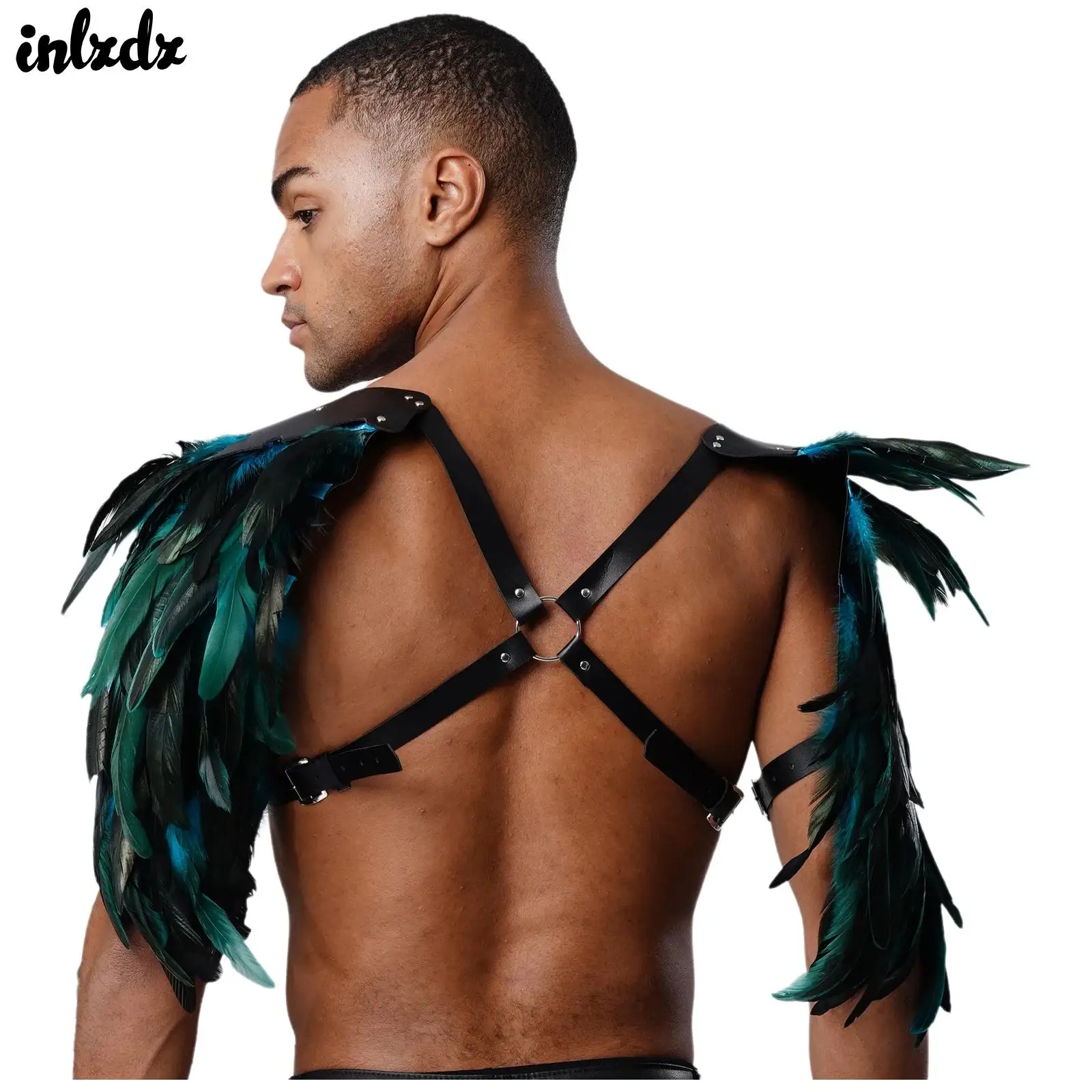 

Mens Shrugs Shawl Cape Gothic Punk Tops Rivets O-ring Linked Chest HarnessFeather Shoulder Straps Halloween Cosplay Accessory