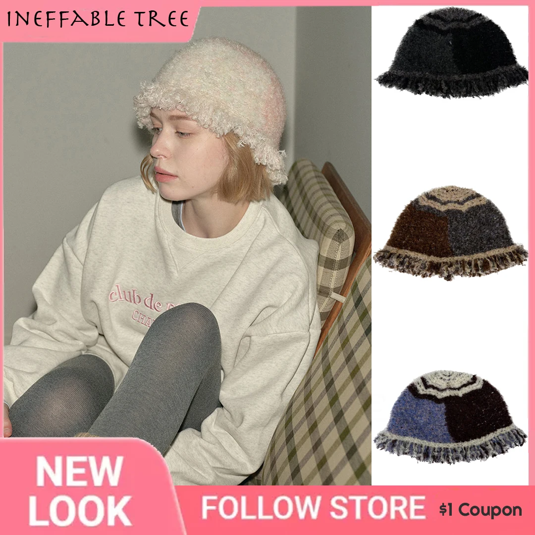 

INS Color-Blocked Striped Knitted Plush Woolen Fisherman Hats for Women Fringe Lace Autumn Winter Thickened Basin Caps Bonnet