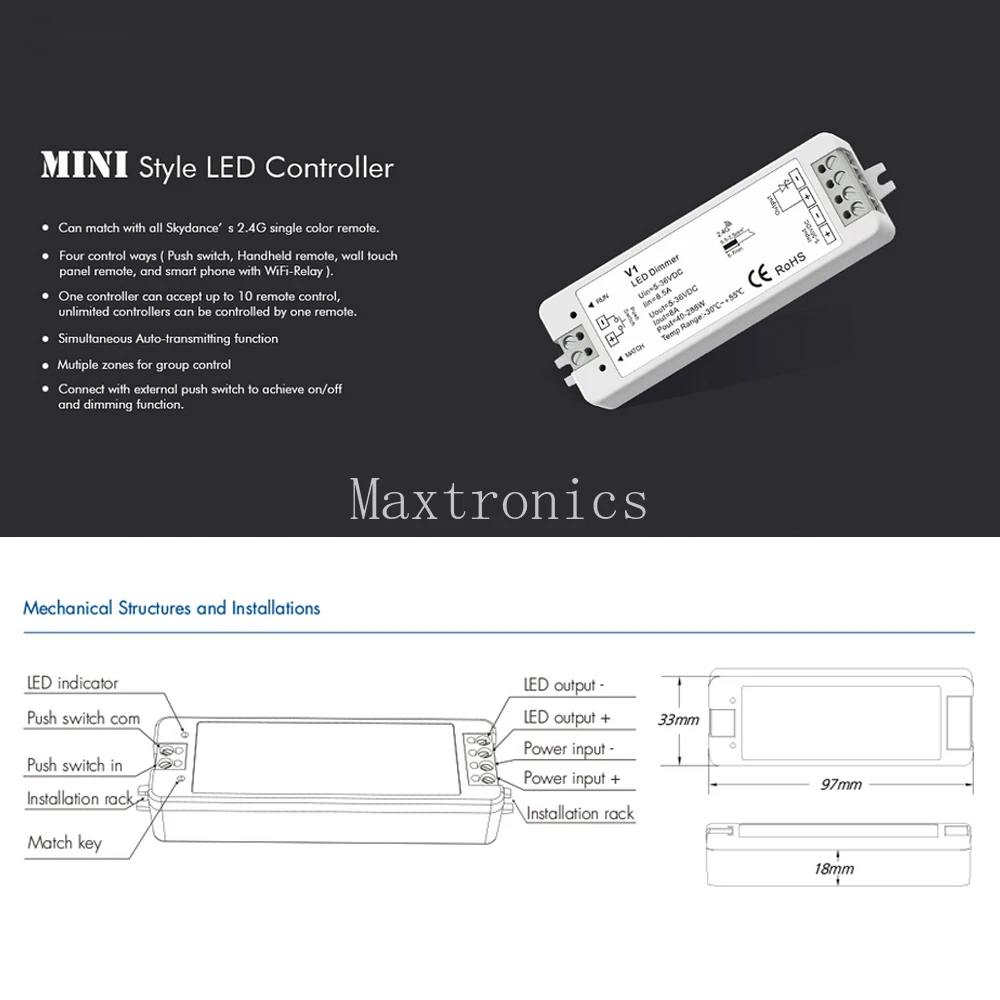 DC5-36V v1 led dimmer/sem fio 2.4g rf controle remoto interruptor de toque dimer para cor única cob 5050 3528 escurecimento luz de tira led