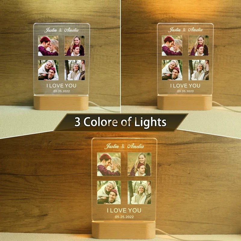 Personalizado Acrílico Photo Lamp,Custom LED Night Light,Photo Frame, presente para casal, presente de aniversário, presente de casamento