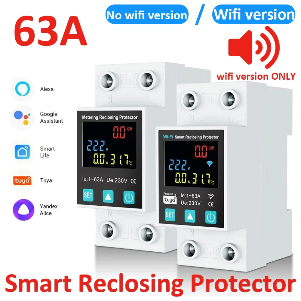 63A WiFi Smart Earth Leakage Over Under Voltage Protector Timer Power Voltage Current Voice Remote Control Switch Smart Life