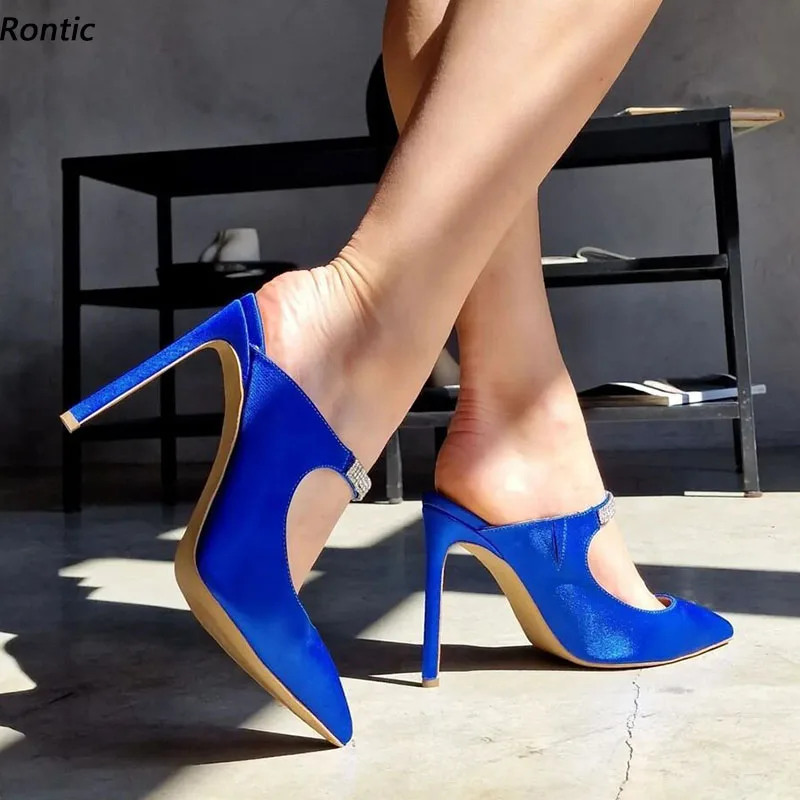 

Rontic женские атласные босоножки-мюли с кристаллами, пикантные туфли на шпильке с острым носком, великолепные красные, синие, фуксии, вечерние туфли, размеры США, большие размеры 5-15