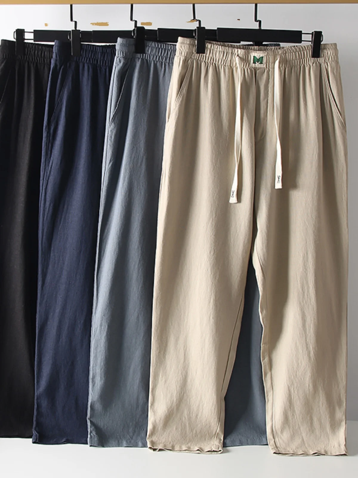 

Повседневные брюки из смеси льна, дышащие, впитывающие пот, с эластичной резинкой на талии, прямые длинные брюки, весна-лето, мужская мода