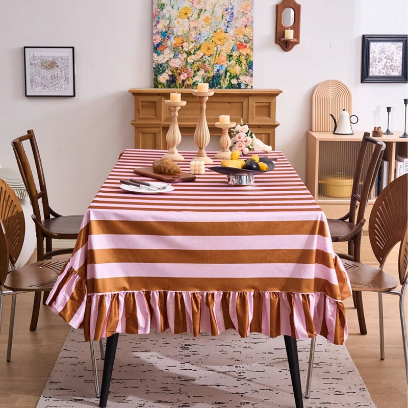 American Contrast Striped Tablecloth Country Vintage Flannel Table Cover for Hotel Home Soft Dustproof Placemat with Flounces