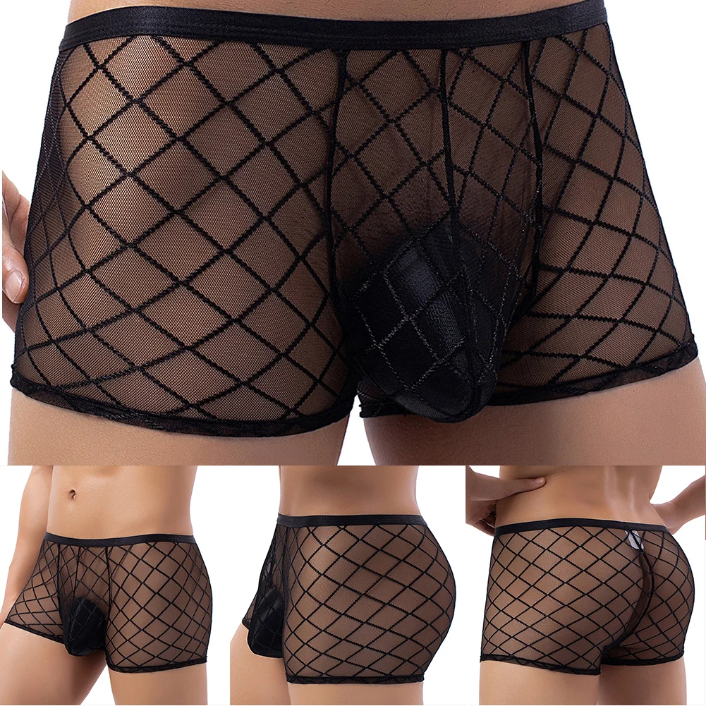 Calzoncillos transparentes para hombre, ropa interior de malla, lencería negra transparente