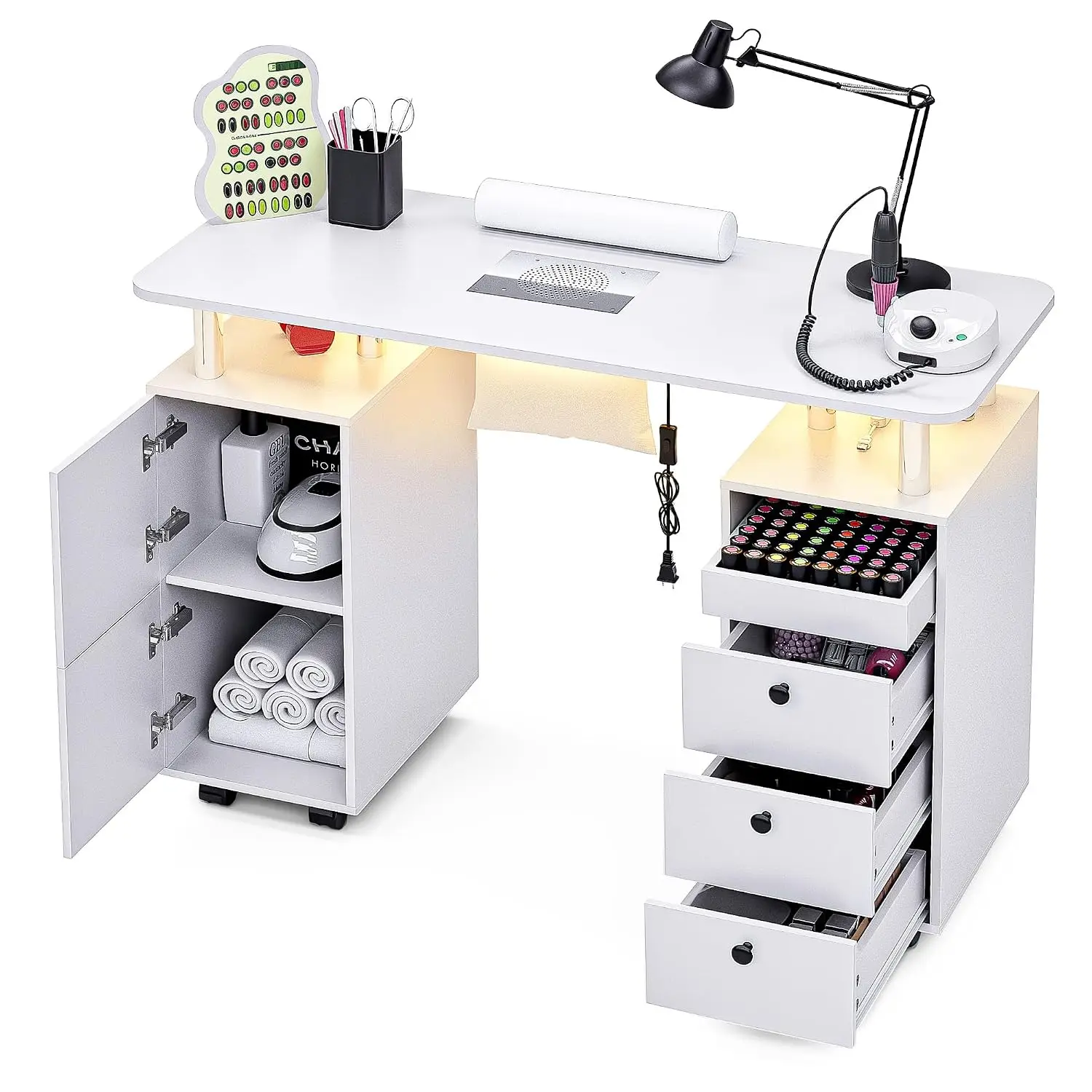 Manicure Table w/Dust Collector, Lockable Wheels, Storage Drawers, Wrist Cushion, Acetone Resistant, for Nail Salon, Customized