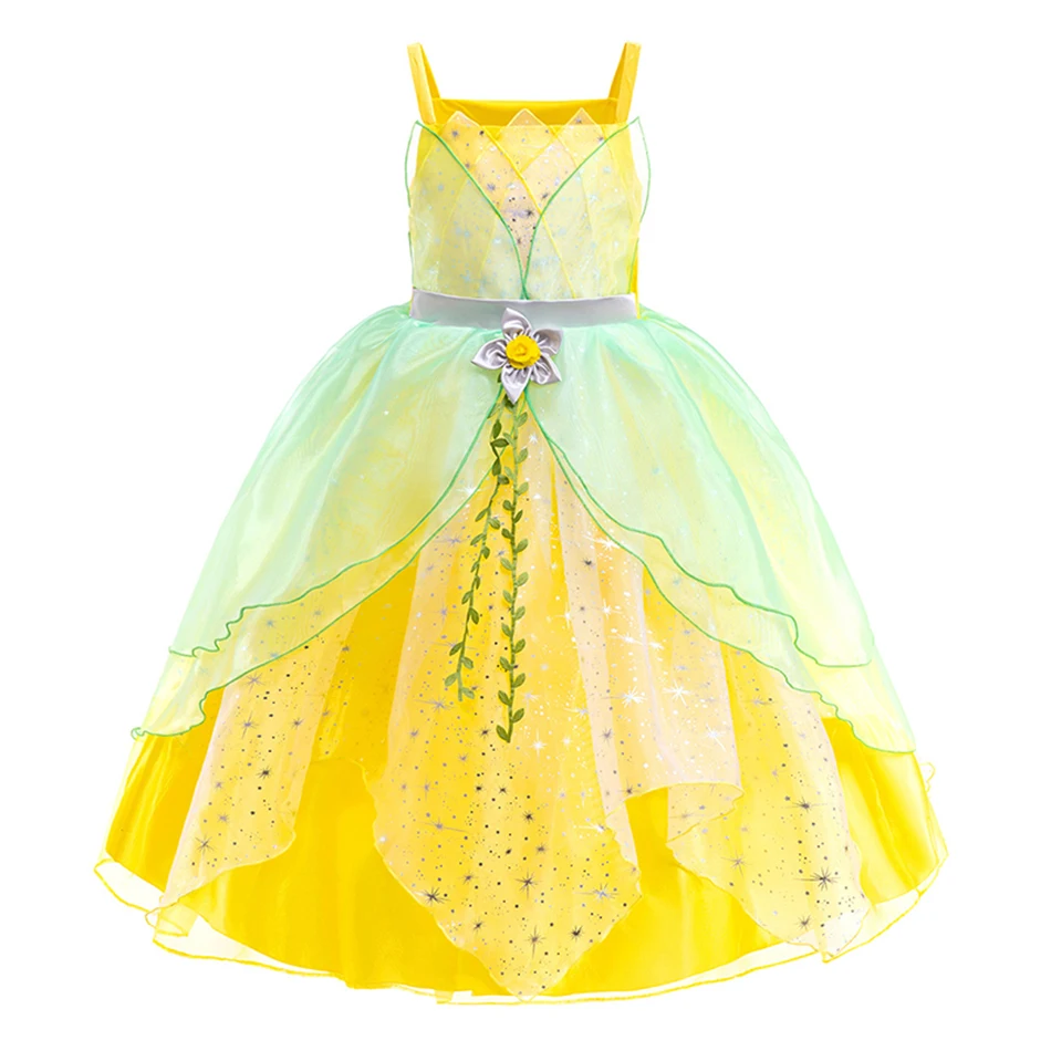 Vestido de Cosplay con decoración de ramas de flores brillantes, elfo verde encantador para niñas, adecuado para actuaciones del estado de Tiana y fiestas temáticas