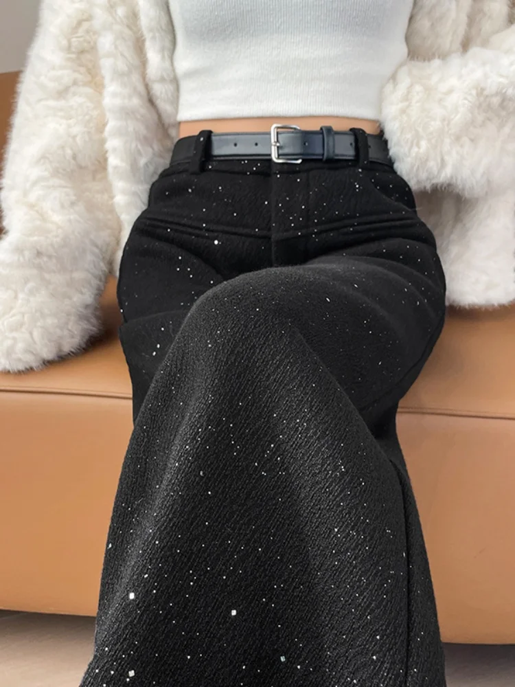 Black Sequin Design Wide Leg Suit Pants Women's High Waist Slimming Floor-Length Casual Trousers Korean Style Commute Wind