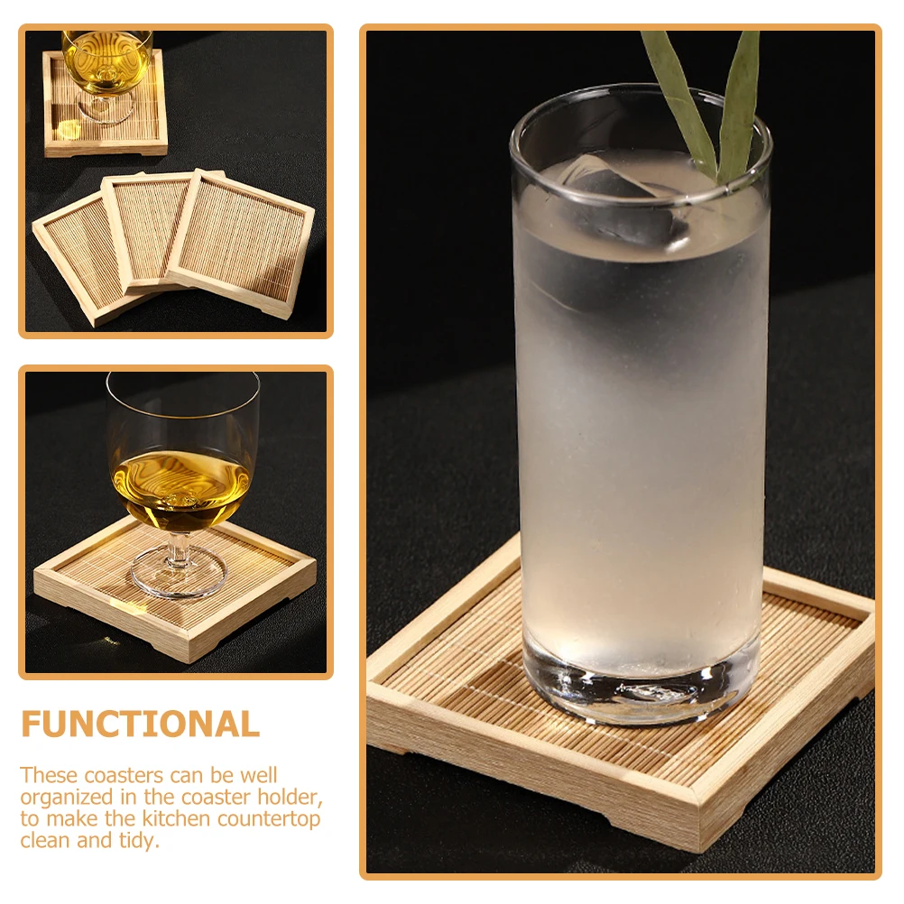 

Non Slip Bamboo Wood Heat Resistant Drink Cups Square Wood for Coffee Tea Glasses Rustic Coasters Dining Table Decor