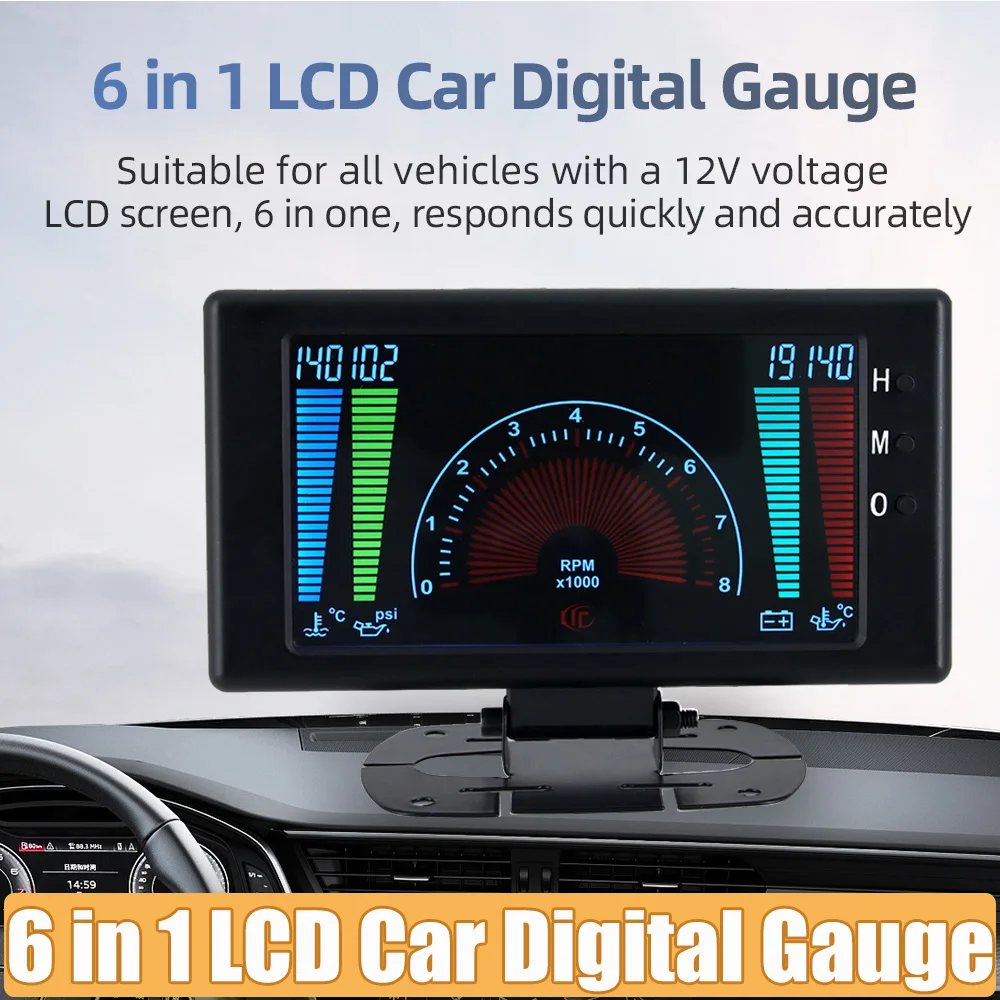 

Тахометр цифровой с ЖК-дисплеем, 6 в 1, с датчиками, напряжение и давление масла, температура воды, 12 В, датчик температуры масла