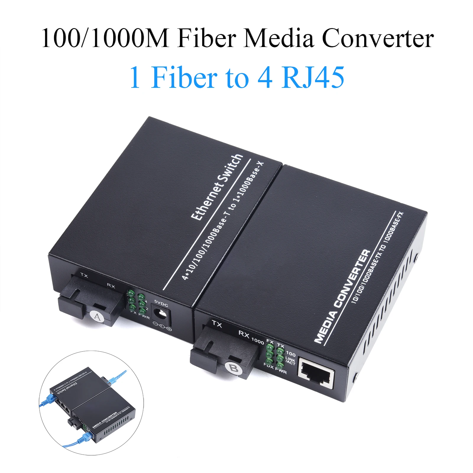 

1 Pair Gigabit Fiber Optical Media Converter 10/100/1000M Single Mode 1 Fiber to 4 RJ45 UPC/APC SC-Port With Outdoor Fiber Wire