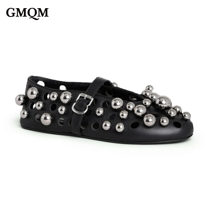 

GMQM 2024 Women’s Round Ballet Shoes Flat Mary Jane Round Toe Buckle Strap With Decor Rivets Hollow Out Comfortable Dress Ballet
