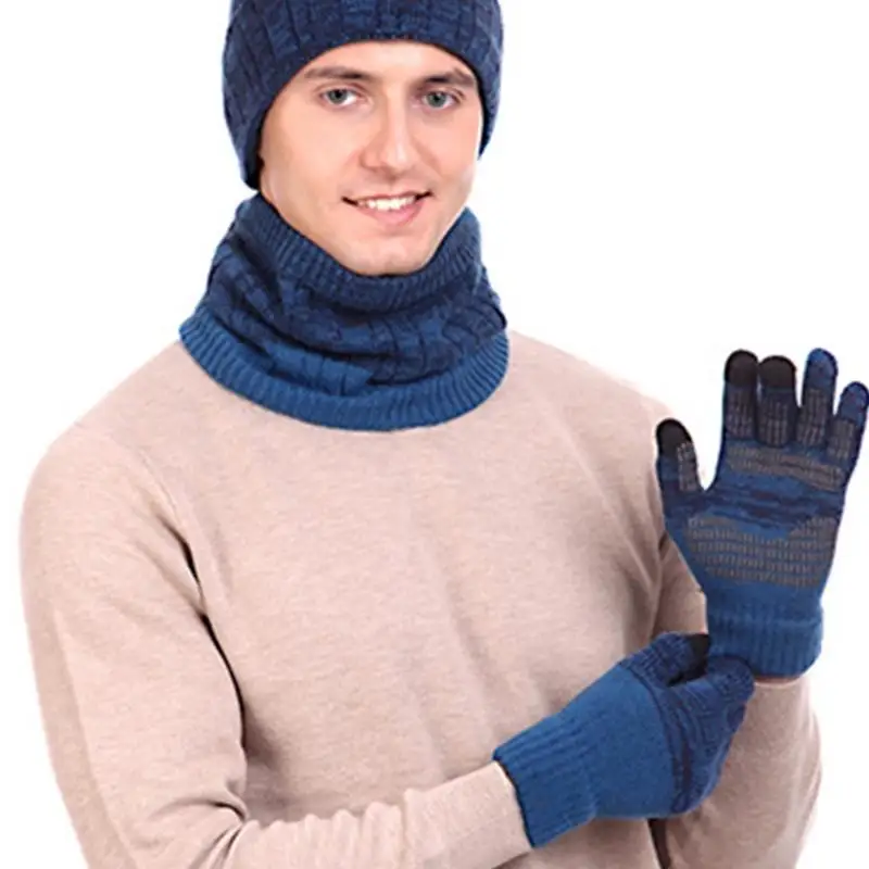 R1WE للجنسين الشتاء 3 قطعة قبعة صغيرة محبوكة قبعة وشاح عدم الانزلاق ل شاشة تعمل باللمس قفازات مجموعة الحرارية أفخم اصطف الجمجمة