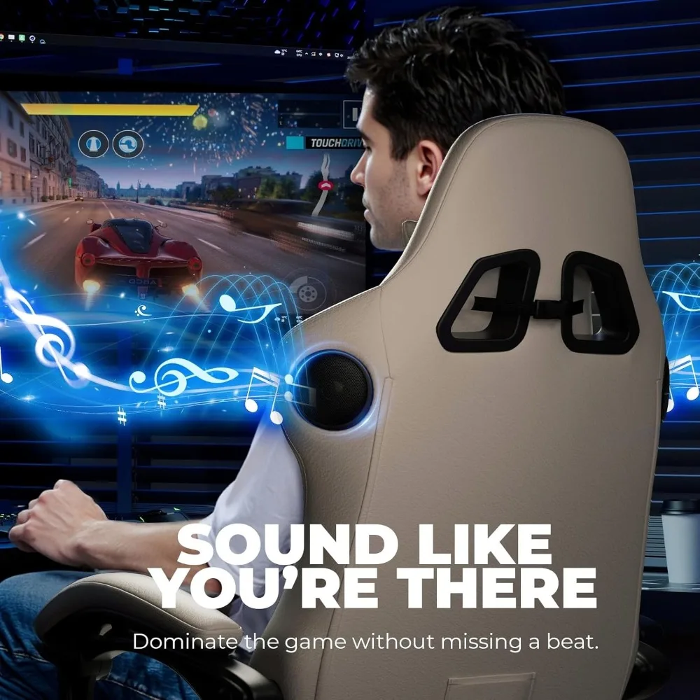 كرسي ألعاب الموسيقى مع مكبرات صوت مدمجة، وتوافق التطبيقات، والتحكم بالبلوتوث، ومسند للقدمين، وجيب لتعزيز الألعاب