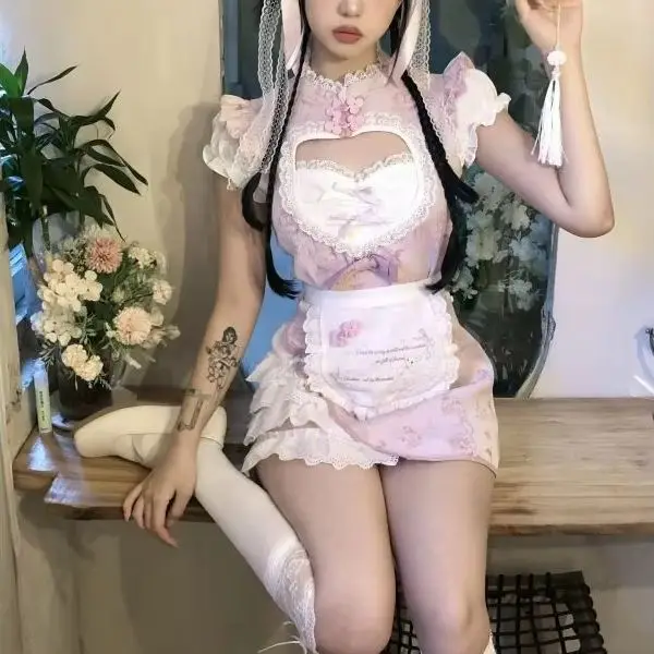2024 2024 Summer Vintage Kawaii Sweet Dress Women Lace Bow Lolita Mini Dress Female Pink Apron Chic Print Mini Patchwork Slim Dress - Aliexpress Deal