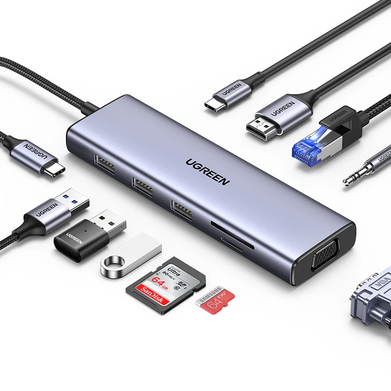 UGREEN HUB USB z podwójnym monitorem, Type-C do 4K HDMI, VGA, Gigabit RJ45, porty SD&TF, USB3.0, PD100W, stacja dokująca do MacBooka, Dell, HP, akcesoria — zdjęcie produktu 7