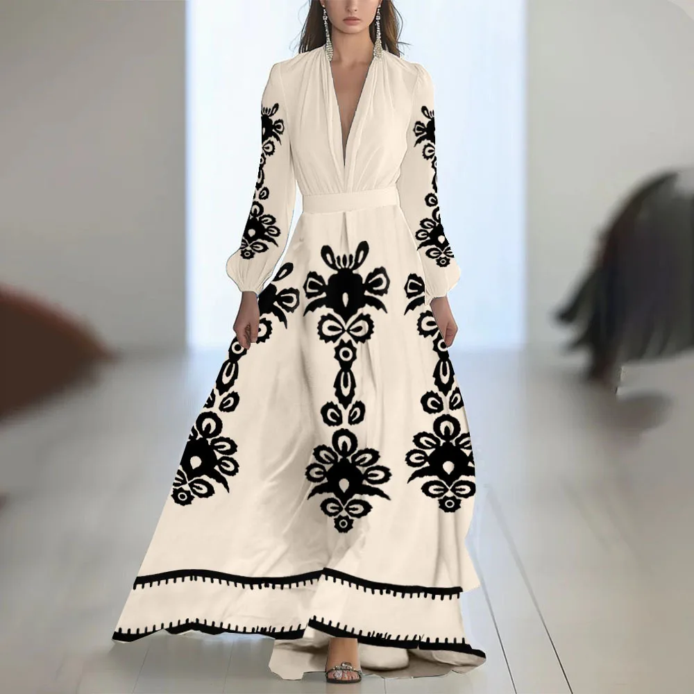 플로럴 프린트 롱 드레스 우아한 여성 스타일 미드 웨이스트 A라인 스커트 풀 슬리브 라운드 넥 식물 꽃무늬 크로스보더