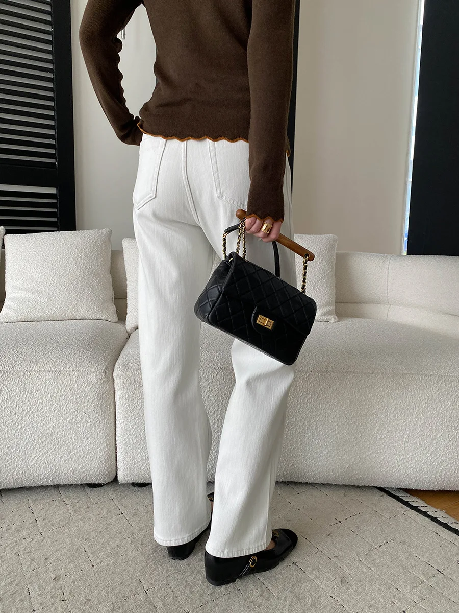 Celana jeans wanita kasual warna polos pinggang tinggi potongan lurus ramping dan berbulu halus