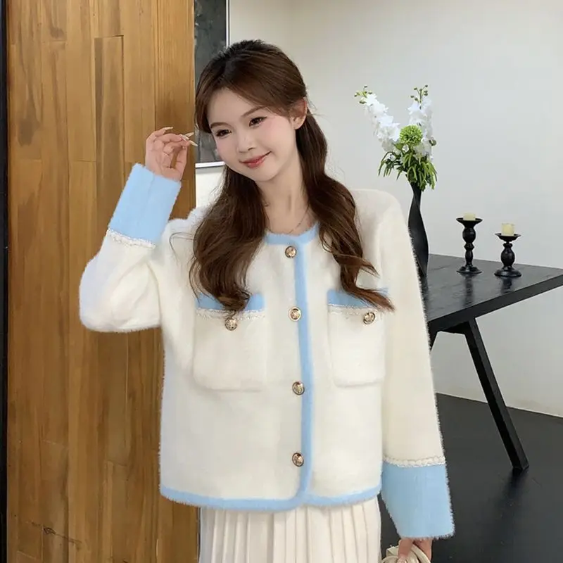 

Женская одежда, осенняя мода, простота, пуговицы, цветная блокировка, вязаный женский универсальный свитер с круглым вырезом, темпераментный кардиган, Coa