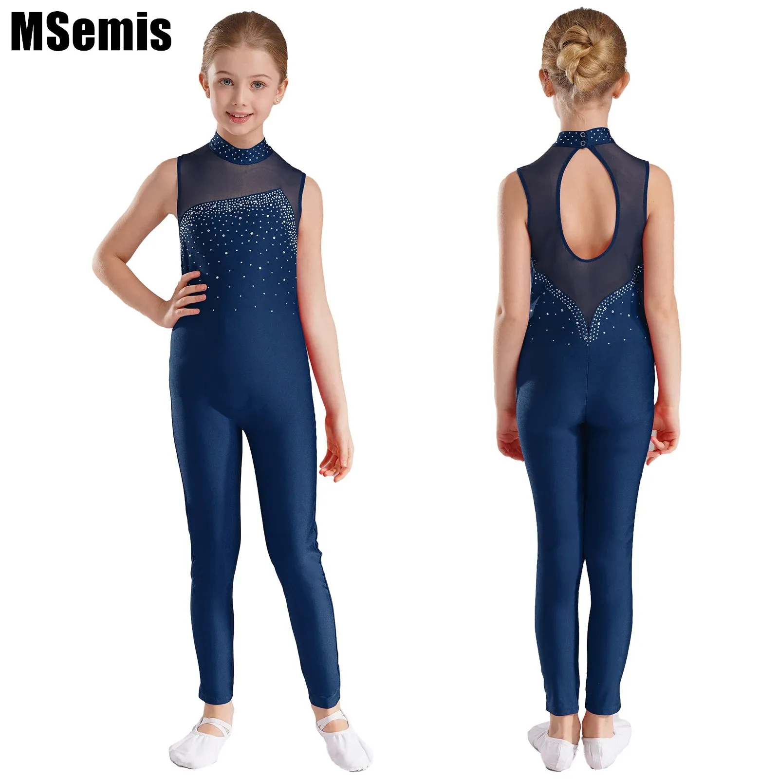 

Kids Girls Patchwork Dance Leotard Rhinestone Round Neckline Dance Gymnastic Figure Ice Skating Jumpsuit