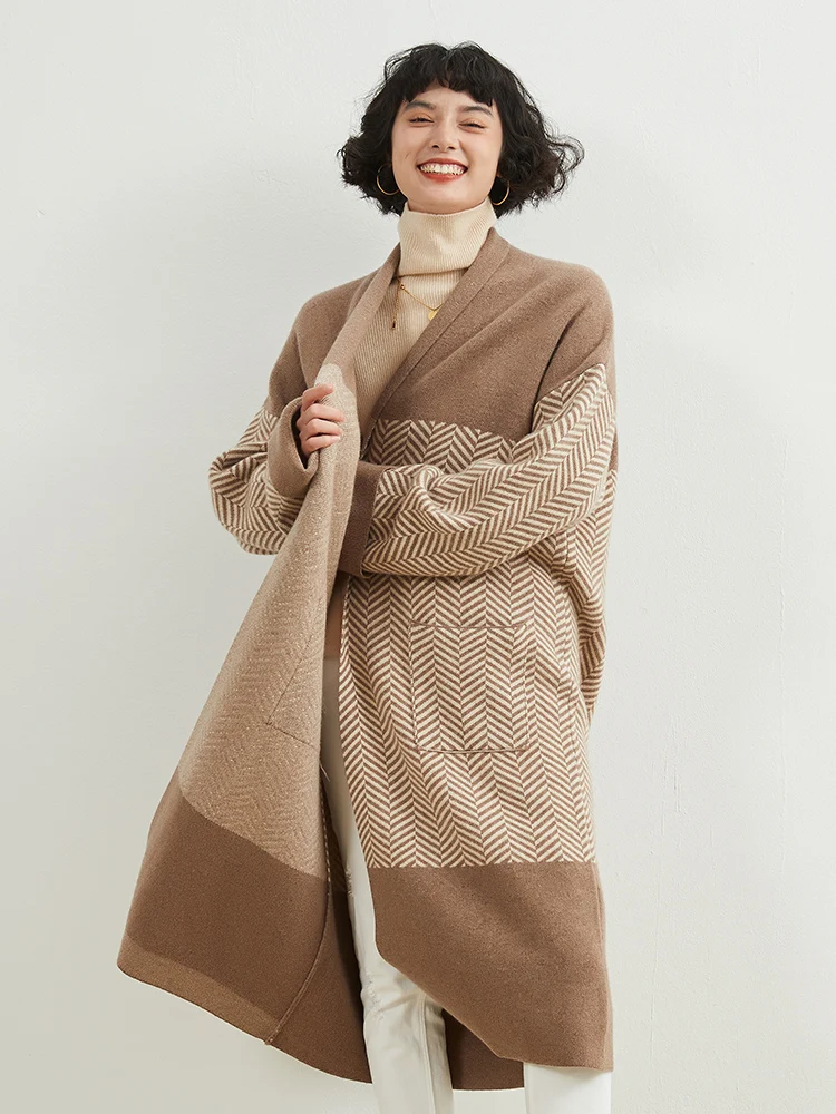 European goods 100% cashmere heavy knit coat coat trench coat long design sense autumn and winter female plus size