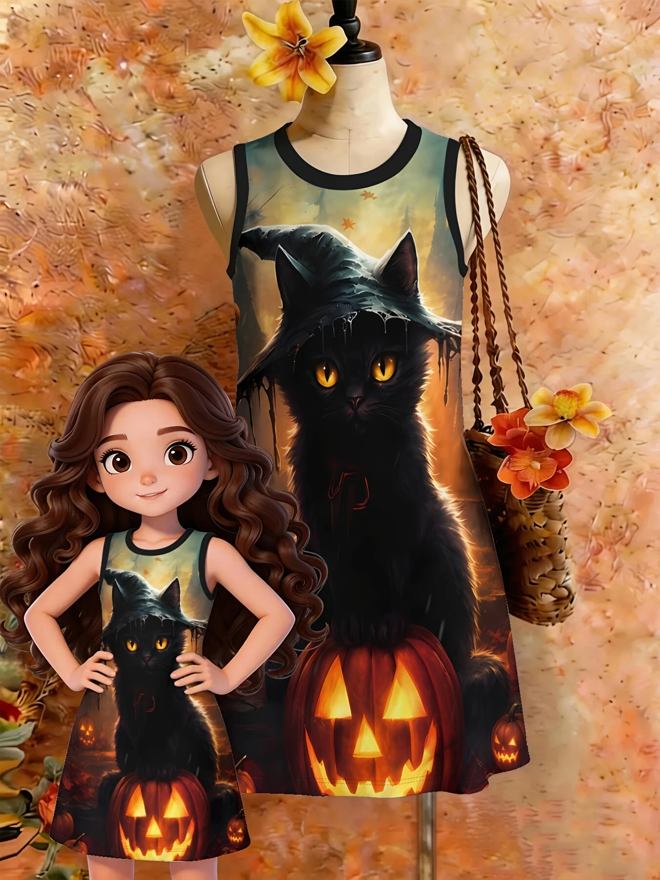 Cute Girls Sleeveless Swing Dress Black Cat Witch Hat Pumpkin 3D Print Spooky Halloween Outfit for Party Festival Daily Wear