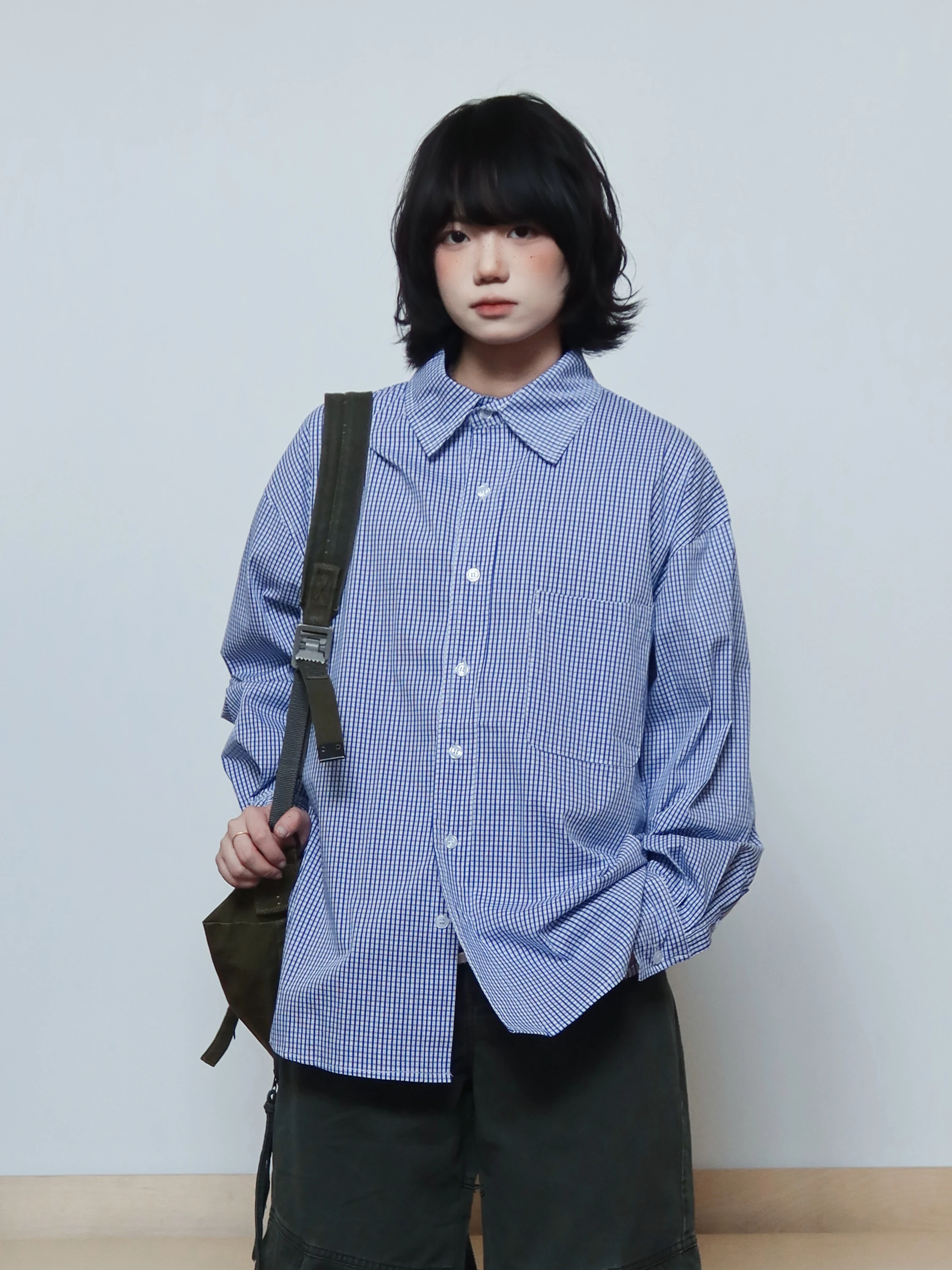 

Loose Plaid Shirt Simple Style Japanese Retro Stripes Design Breathable Cotton Polyester Blend Long Sleeve Business Casual Shirt