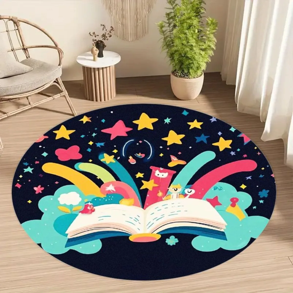 Round Area Rug Whimsical Storybook Garden Pattern Colorful Home Decor Floor Cover for Reading Nook Bedroom Living Room Lounge