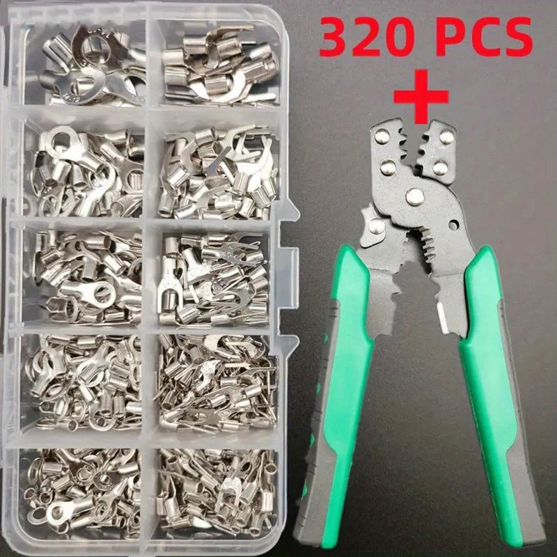 320pcs 4-in-1 Multifunctional Pliers Combination, Copper Nose Crimping Terminals, OT/UT Brass Tinned Cold Pressed Bare Terminals