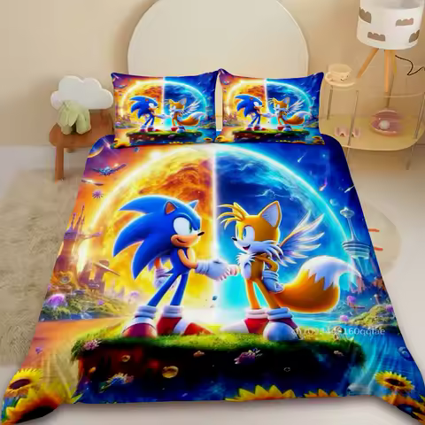 Cartoon Kids Sonic Duvet Cover Cool Anime Bedding Set Comforter Cover with 2 Pillowcase Queen King Bedroom Children Teens