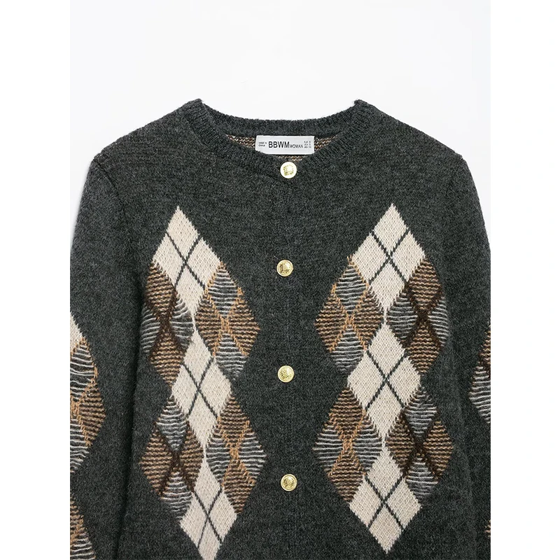 Autumn Women Argyle Knit Cardigan Round Neck  Long Sleeve Retro Casual Sweater Coat view 3