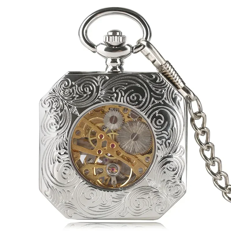 Silver Tiger Case Men Women Hand Winding Mechanical  Pocket Watch Roman Number Dial Pendant Fob Chain Collectable Clock Gift