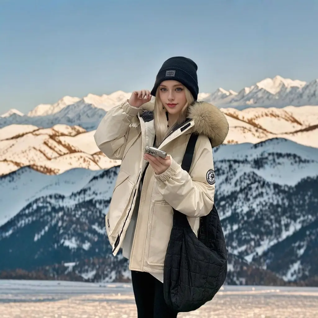 

Unisex down Cotton-Padded Jacket Thick Winter Wear with Large Wool Collar Korean Style Loose Fit Workwear for Couples