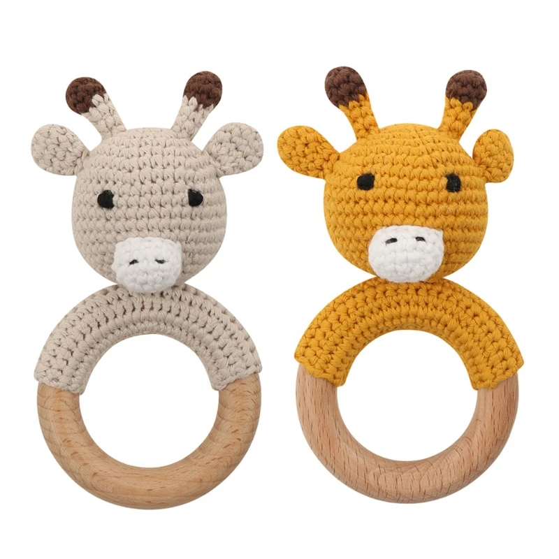 

Y1UB DIY Crochet Giraffe Baby Teether Newborn Giraff Rattle Toy Wooden Molar Teething