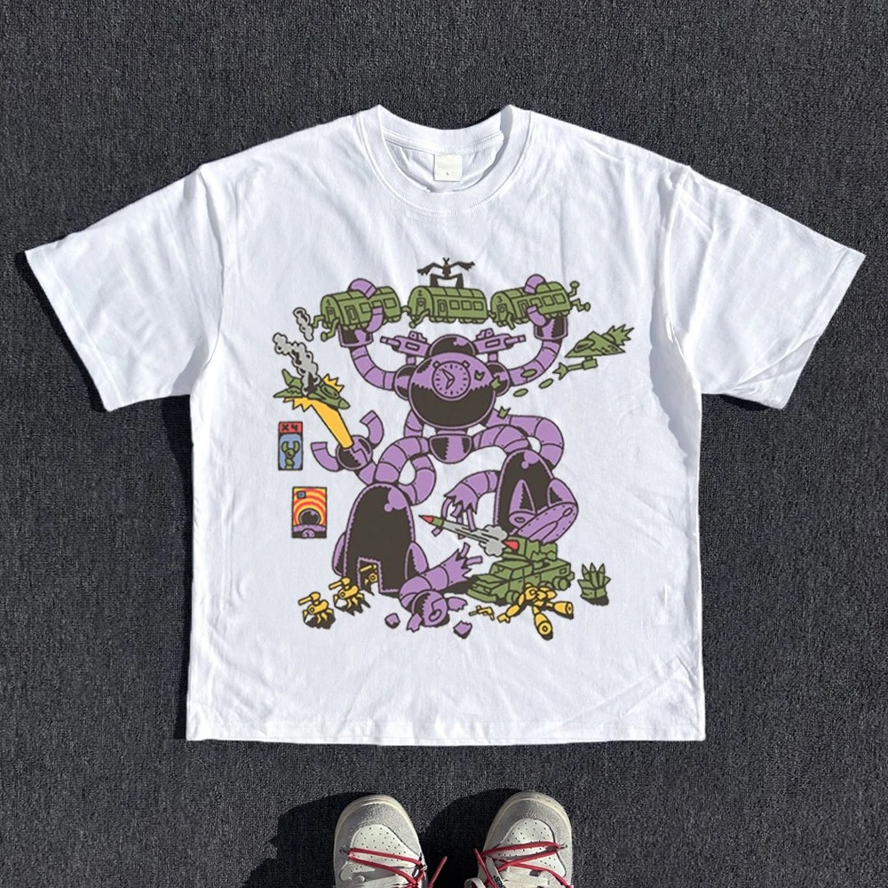 

2025 Full Time Heavy 220 Grams! Robot Illustration Vintage Retro Street Fashion Brand Short Sleeve T-shirt Streetwear Tops Tees