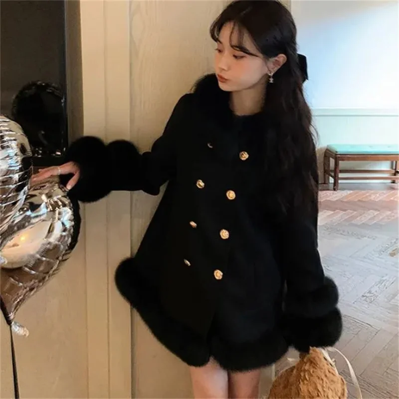 Women Coat 2024 New Palace Style Imitation fox fur Double Breasted Socialite Medium Long Woolen fur fur Cotton Thick Coat Sweet