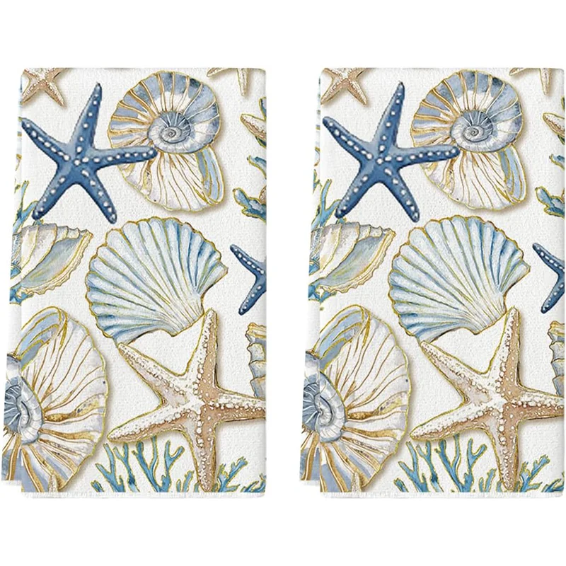 2 Stück, Küchentücher mit Seestern- und Muschelmotiv, 40 cm x 60 cm, Handtuchset, bestes Badetuch, super saugfähiges, weiches Reinigungstuch, Küchen- und Backtuch, Handtuch, Reinigungstuch, Geschirrtuch, Küchendekoration, Wohnzimmerdekoration, Küchenutensilien, Haushaltsutensilien