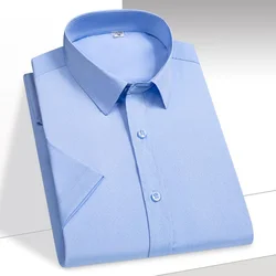 Men's Shirt Short Sleeve Elastic Solid Ice Silk Shirt Easy Care Formal Comfortable Dress Shirts Male Basic Brand Man Clothes