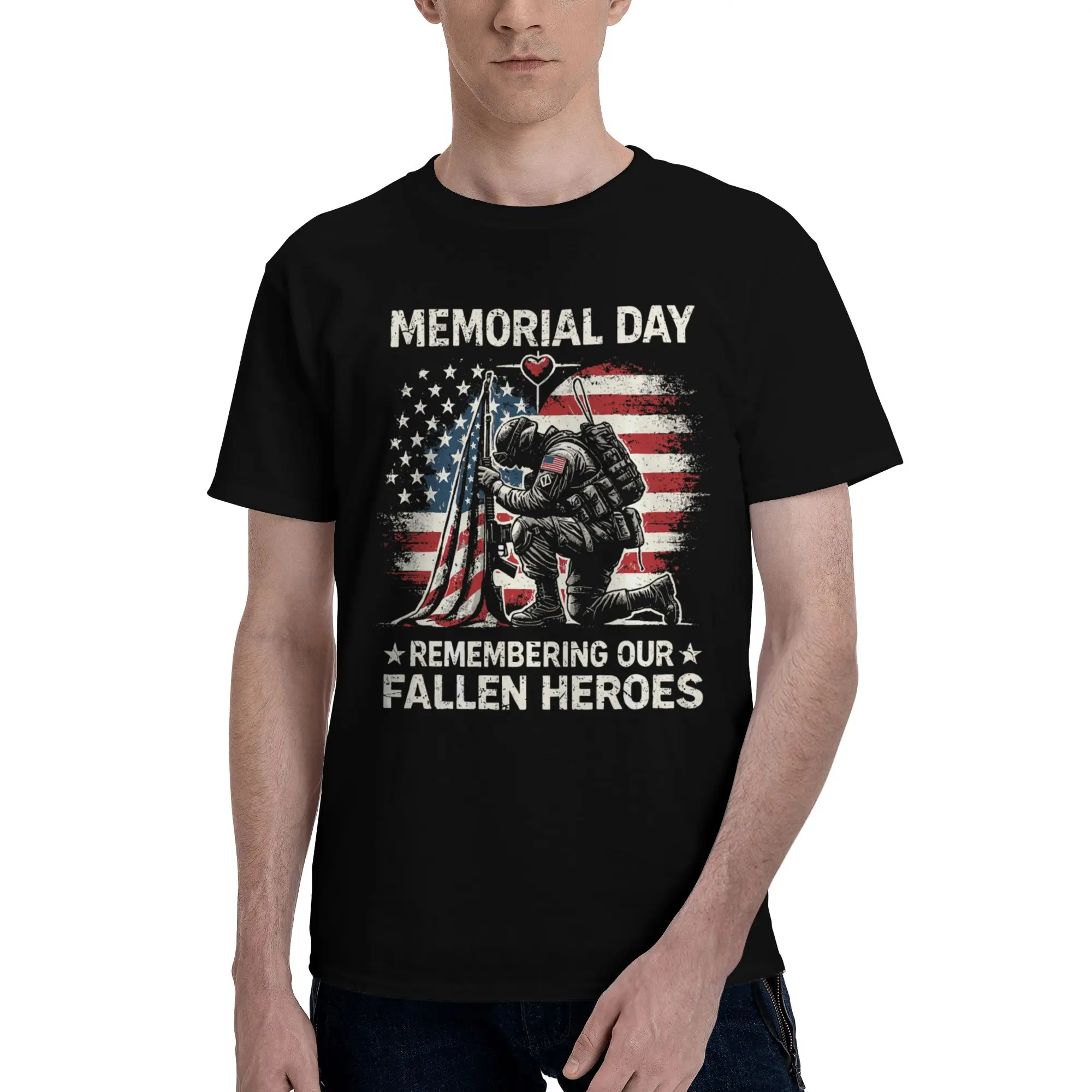 Memorial Day Fallen Heroes Patriotic Flag Design Funny 100% Cotton T-Shirt Memorial Day Tops Tees For Men
