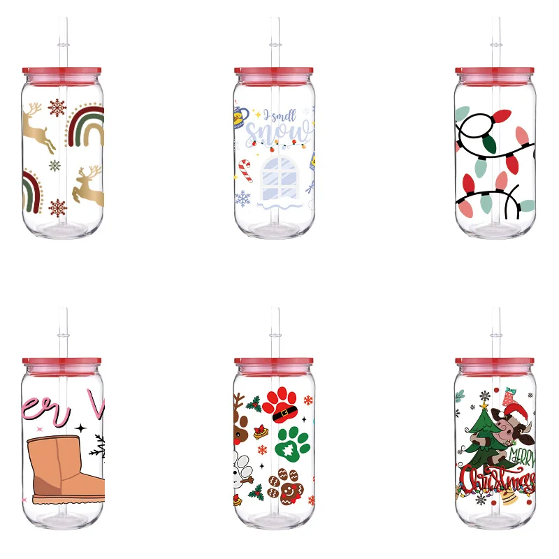 

Christmas 16oz Printed PET Cup With Straw Red Lid Can Hold Coffee Milk Water Multi Functional Cup Easy To Clean