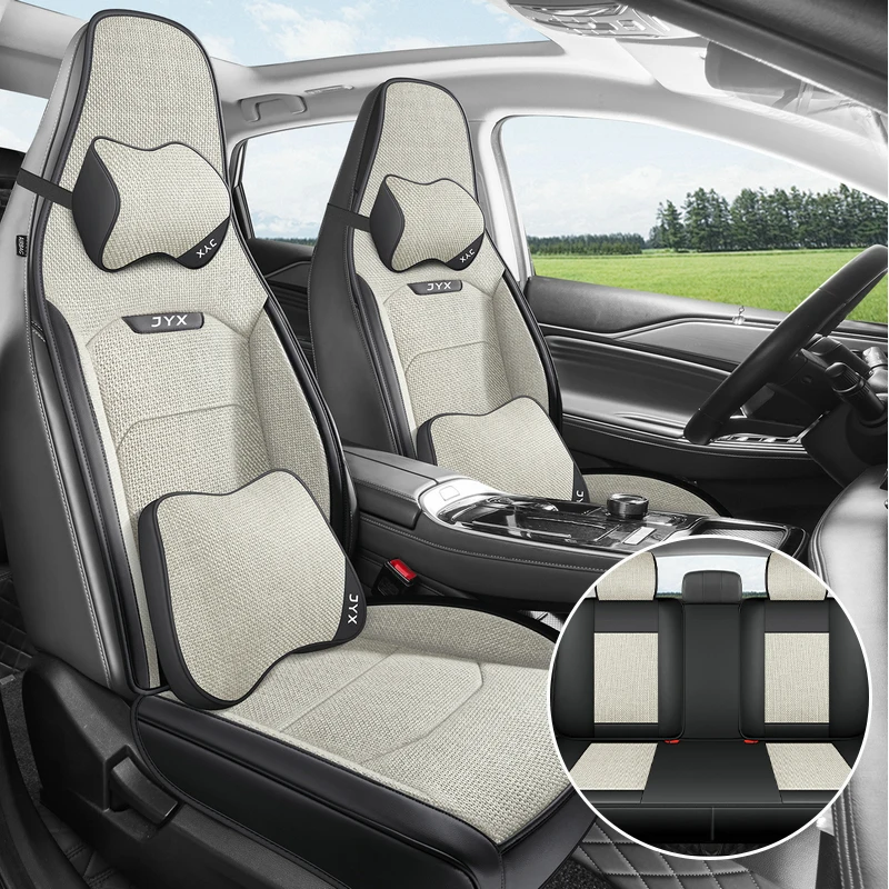 (Luxury Edition) 5 Seats in Total, with 2 Soft Headrests and 2 Comfortable Lumbar Supports, Suitable for All Seasons, Comfortable, Breathable, Easy to Care For, Luxurious Linen One-Piece Car Seat Cushion, Wear-Resistant, Fits Perfectly on the Original Car Seats, Front Seat Cushion, Front Storage Pocket Design, Washable and Easy to Maintain, 3D Design Enhances Your Driving Experience, Five Colors Available, Suitable for Various Car Models