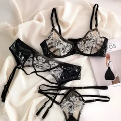 Sexy hot erotic ultra-thin bra set without pad embroidery hanging stockings three sets of nightclub lingerie female gathering