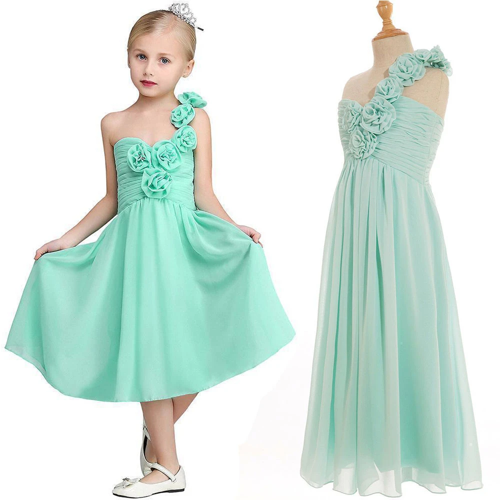 한쪽 어깨에 드리는 민트 그린 색상의 쉬폰 플라워 걸 드레스, 주름 장식이 있는 A라인 주니어 브라이드메이드 가운, 어린이 웨딩 파티용 CPS420